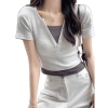 Pink V-neck off-the-shoulder T-shirt for women, short sleeve, new spring and summer style, two-piece design, slim and short, pure and sensual Item Picture